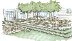 Van Zelst illustration of fire pit and lawn steps.