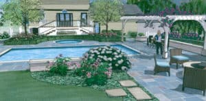 Digital sketchup of pool, spa, pergola, and deck.
