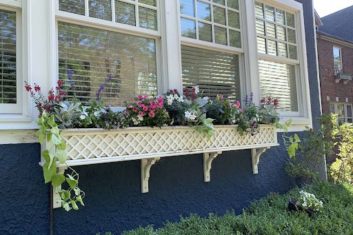 white lattice window box